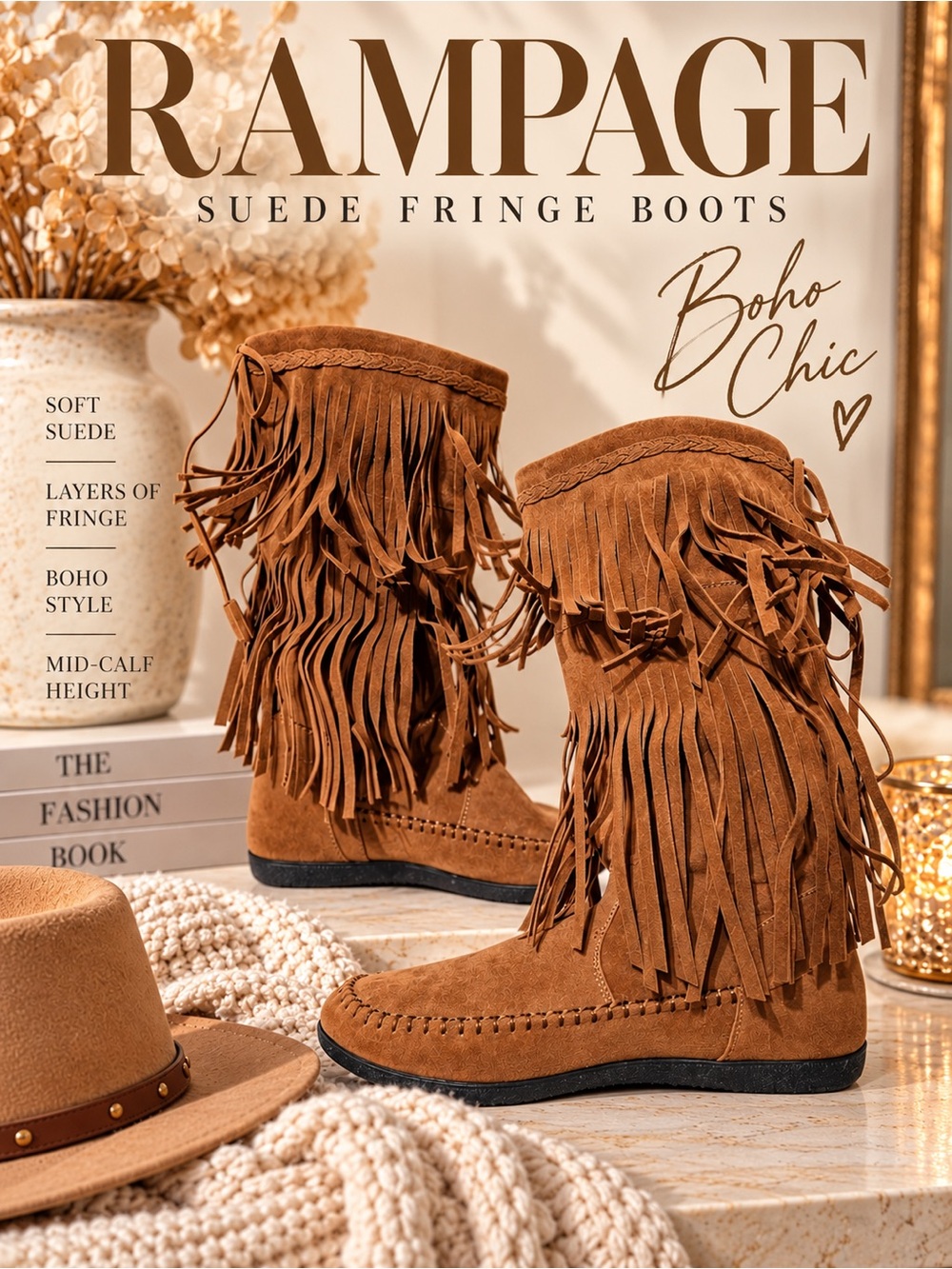 Rampage Brown Suede Fringe Mid-Calf Boots
